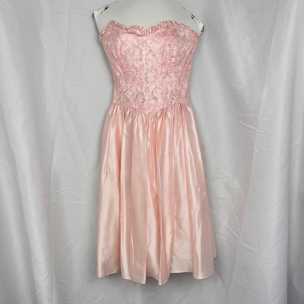 Vintage Dress Womens XS Pink Strapless Satin Sequin Prom Bow Knee Length 80s